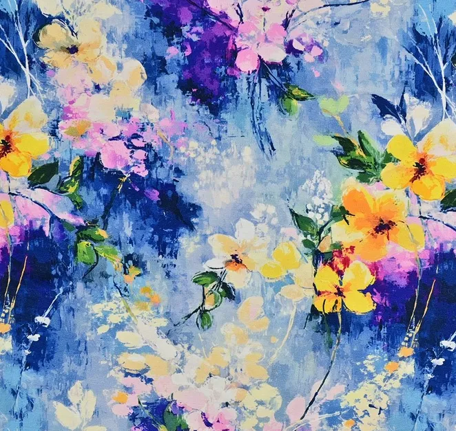 Bamboe tricot blauw met bloemen